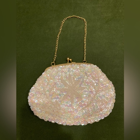 Handbags - Iridescent Beaded & Sequin Evening Bag Snowflake Starfish Pastels Teardrop 60s